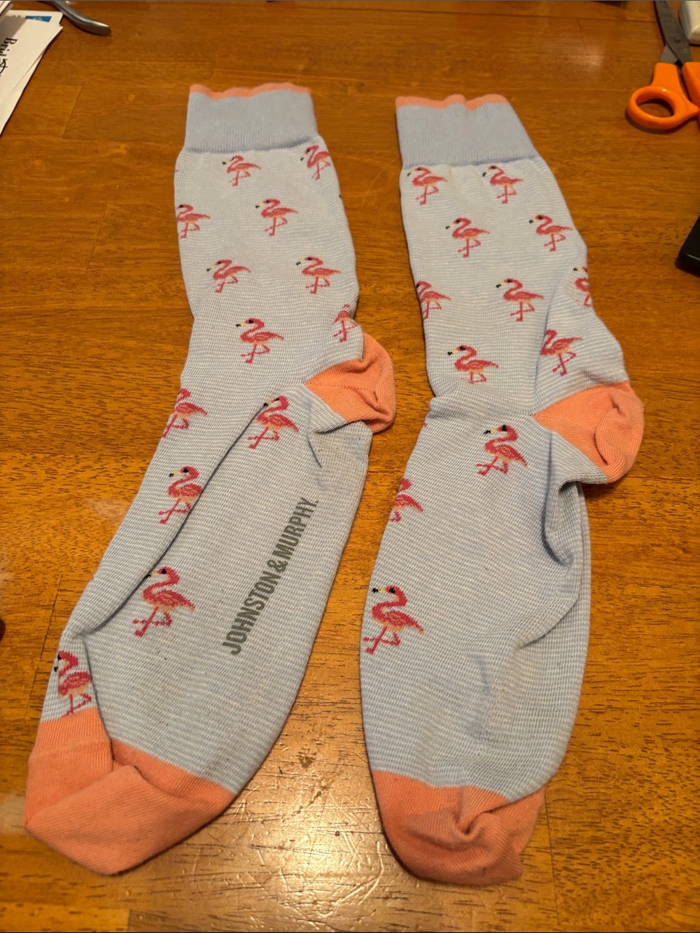 Johnston & Murphy Light Blue Socks with Pink Flamingo Pattern and Coral Accents